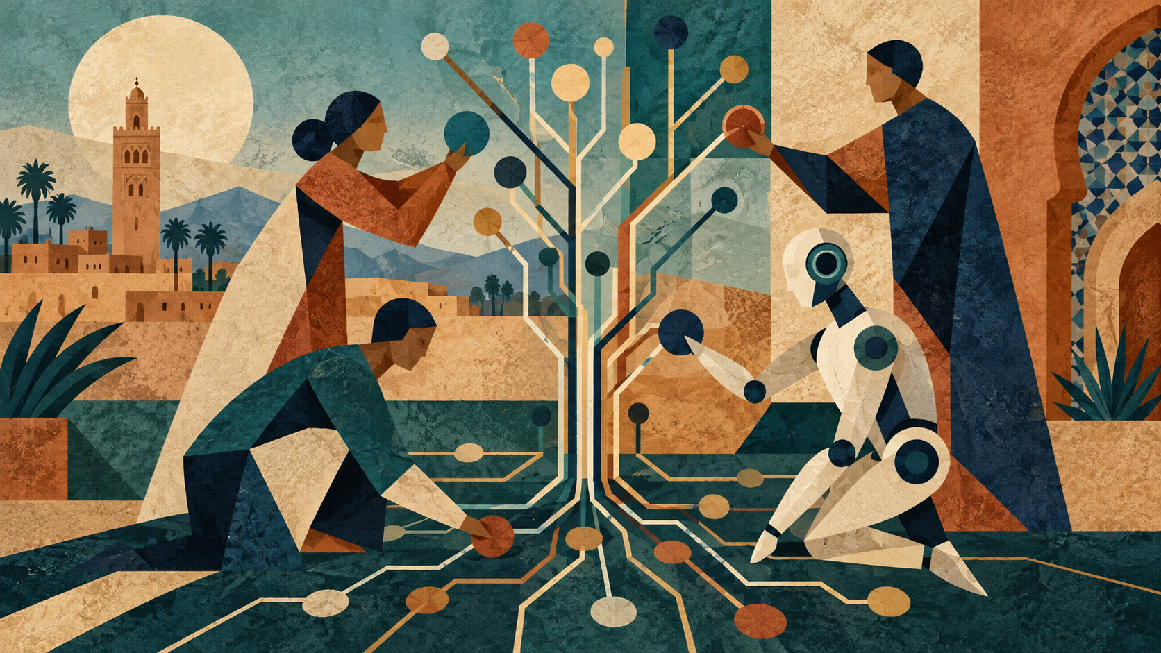 Illustration conceptuelle générée: coopération entre équipe et intelligence artificielle. Aucun événement, lieu ou personnage réel représenté.
