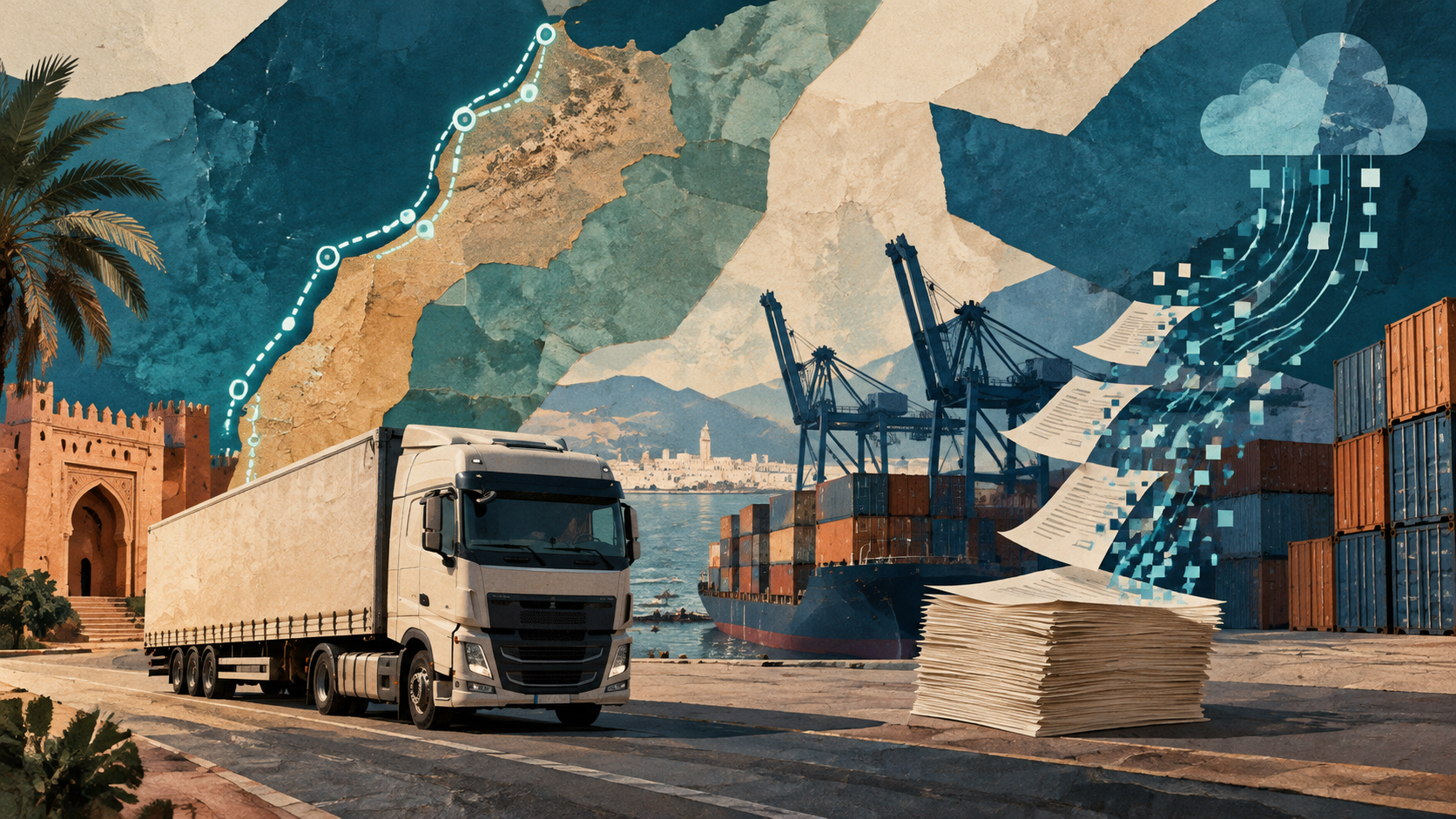 Illustration conceptuelle générée: manifeste de fret et transport routier. Aucun événement, lieu ou personnage réel représenté.