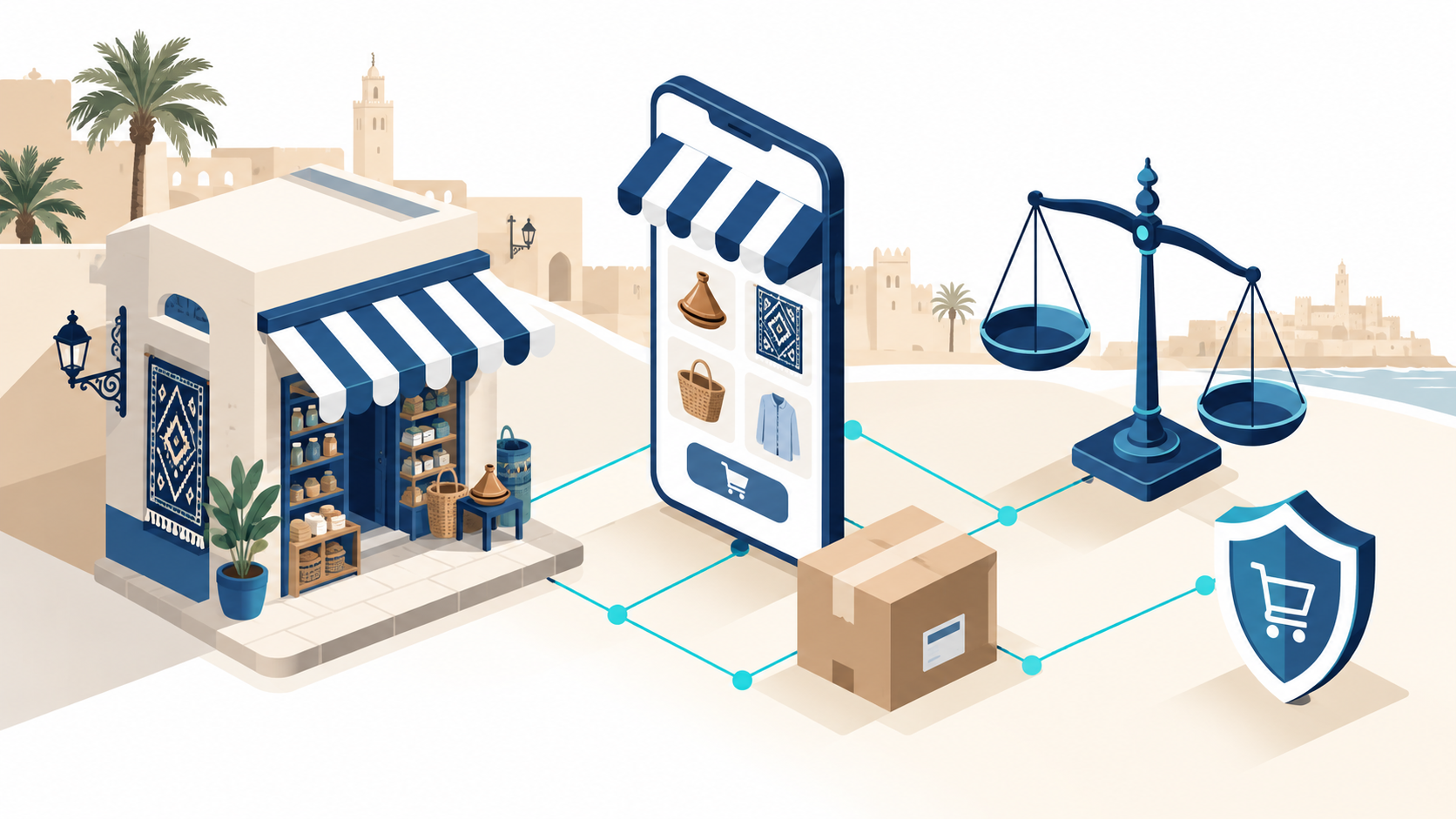 Illustration conceptuelle créée pour Digital.ma: commerce de proximité, vente en ligne et cadre de confiance. Ce n'est pas une photo de l'intervention du ministre.