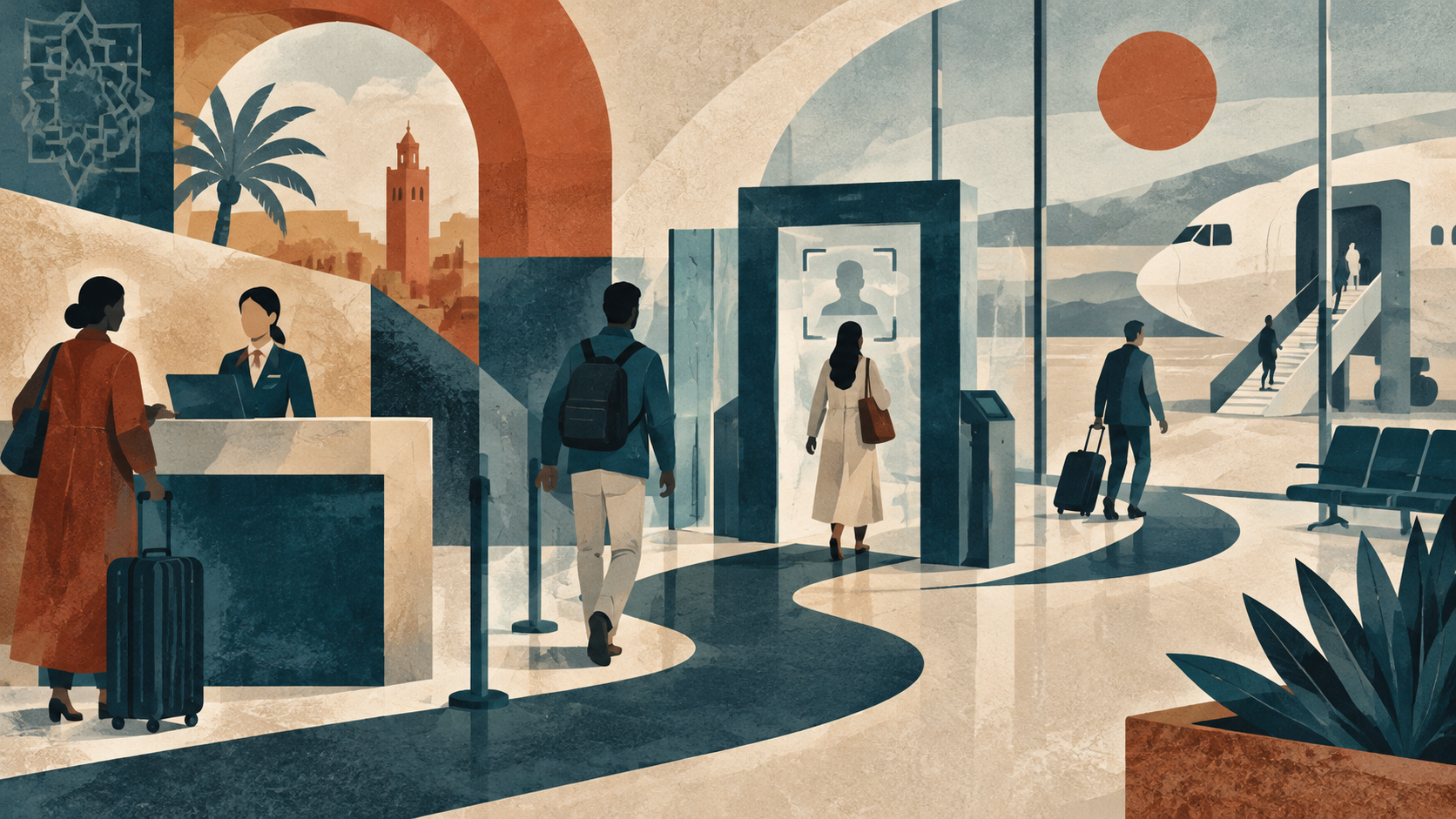 Illustration conceptuelle générée: étapes du parcours passager numérique. Aucun événement, lieu ou personnage réel représenté.